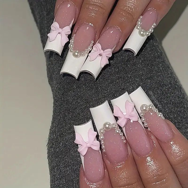 European And American Sweet Cool Wearable Nails Bowknot Pearl Nail Art Water Pipe Type Long False Nails Finished Product_viptrois.com