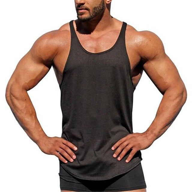 Men's American Style Sports Tank Top Muscle Training Cotton Plus Size Summer Round Hem Solid Color Vest_viptrois.com