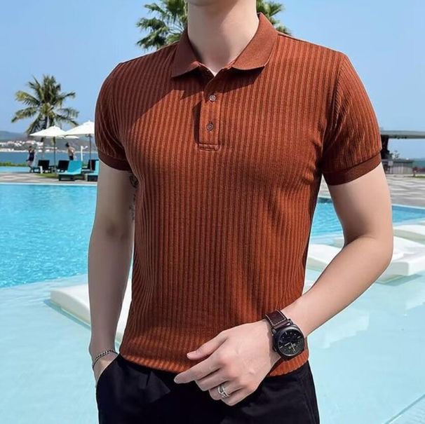 Trendy Hong Kong Style Lapelpolo Men's Short Sleeve Casual Loose Fit Summer Thin Solid Color Knitted Topt Base Layer Top_viptrois.com