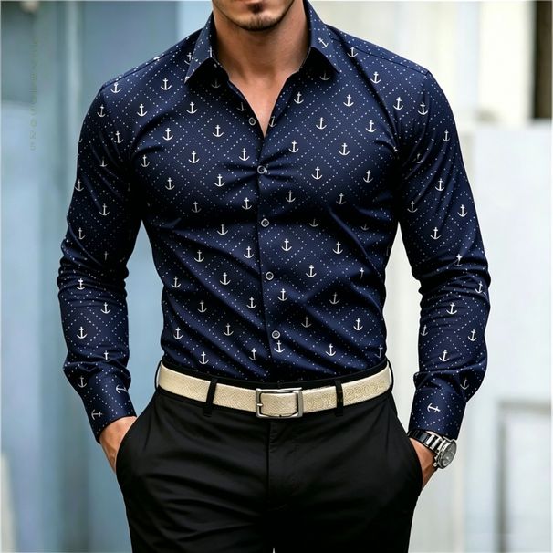 Camisa Nueva Para Hombre 2026, Estilo Marino, Color Sólido, Camisa Con Estampado De Anclas Y Ondas, Moda Moderna, Ropa Casual De Negocios Para Hombre_viptrois.com