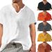 2025 Summer Men's V-neck Short Sleeve Casual Trend Cotton Linen Shirt T-shirt Top Now_viptrois.com