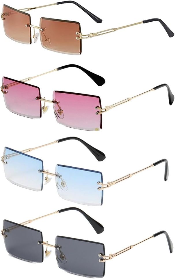 4 Pairs Rectangle Women Men Fashion Square Rimless Sunglasses UV Protection Retro Frameless Funky Gradient Vintage_viptrois.com