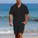 Men's Linen Long Sleeve Casual Top And Five Quarter Shorts Fashion Set_viptrois.com