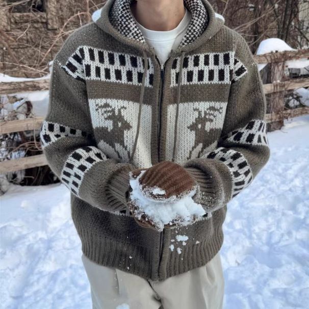 Pure American Retro Sweater For Men, Hooded Winter Fair Isle Jacquard Christmas Zipper Lazy Style Cardigan Knitted Jacket_viptrois.com