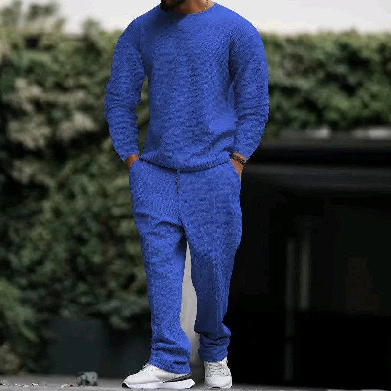 Men's Clothing Waffle-Knit Lounge Set – Long Sleeve T-Shirt & Pants For Men (Khaki/Black/Navy, S-XXXL)_viptrois.com