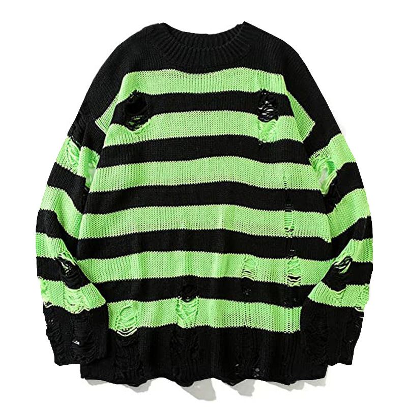 Ripped Sweater Men's Trend Brand Knitted Crew-neck Striped Outside Wear Men's Sweater Men_viptrois.com