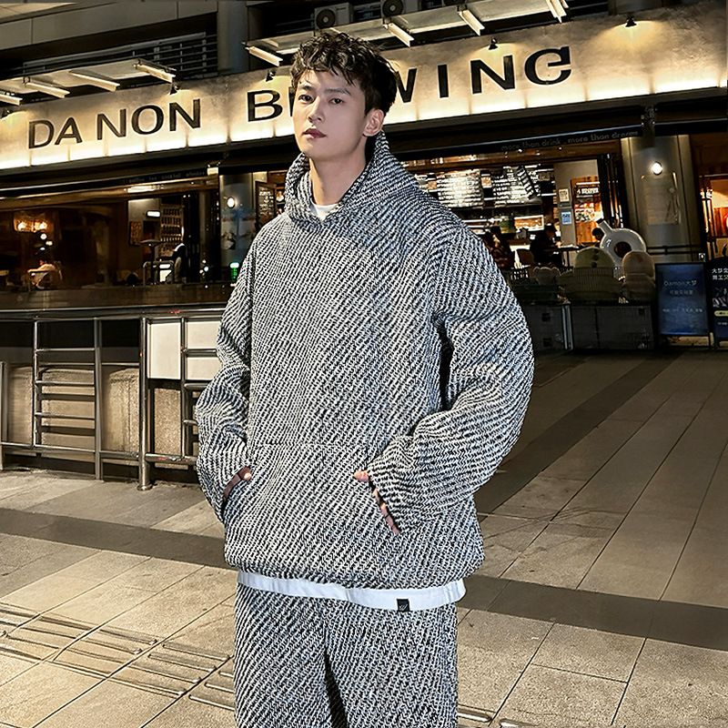 Men's Clothing Color Matching Houndstooth Plus Velvet Thickened Hooded Sweatshirt Suit Men's Straight Pants Two Piece Suit_viptrois.com