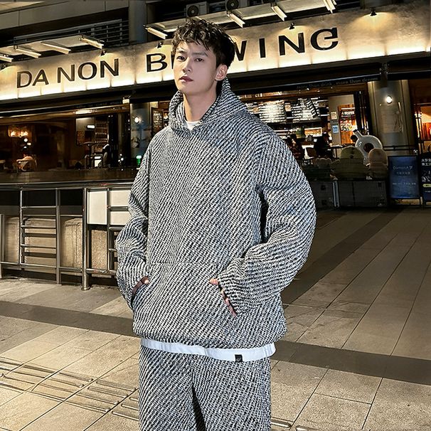 Men's Clothing Color Matching Houndstooth Plus Velvet Thickened Hooded Sweatshirt Suit Men's Straight Pants Two Piece Suit_viptrois.com