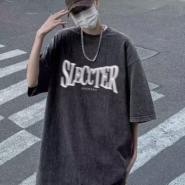 American Style Washed Short T-sh For Men's Summer 2025 New Style, Cool And Stylish Printed Loose Half Sleeved Base_viptrois.com