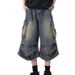 Men's Clothing Retro White Washed Multi Pocket Workwear Denim Shorts Men's Pleated Design Loose Drape Cropped Pants_viptrois.com