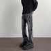 Men's And Women's Washed Water Distressed Laser Textured Pants, Unisex With Slightly Flared Holes, Black Gray Jeans,_viptrois.com