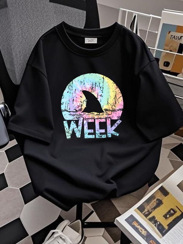 Retro Shark Fin Week 2023 Shark Lover Ocean Wildlife Tie Dye T-Shirt Slightly Graphic Fashion Designer Clothes Unisex Soft Comfortable Summer_viptrois.com