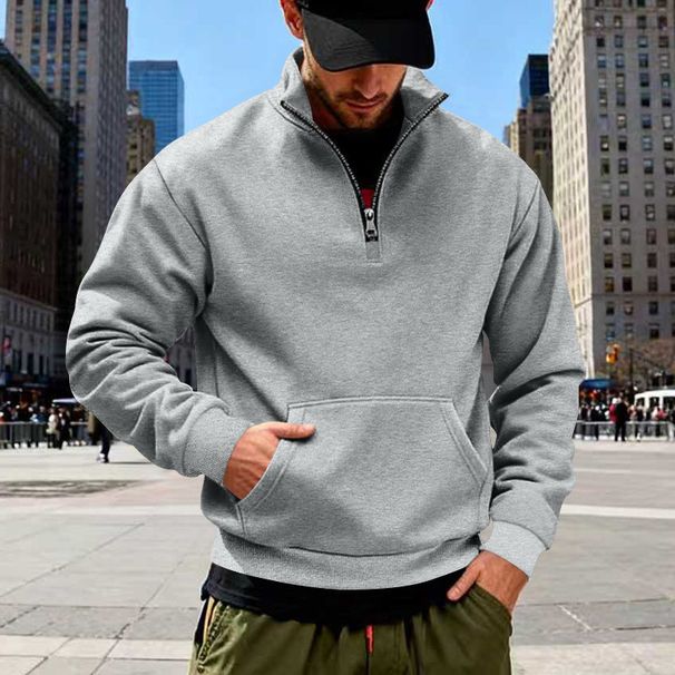 Men's Stand Collar Half-Zip Fleece Hoodie - Winter Pullover Sweatshirt With Large Pockets, Loose Fit, Long Sleeve, Casual Streetwear_viptrois.com