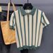 Men's Clothing Ice Silk Short Sleeved Shirt Slim Striped Colorblock Knitted Lapel T Shirt_viptrois.com