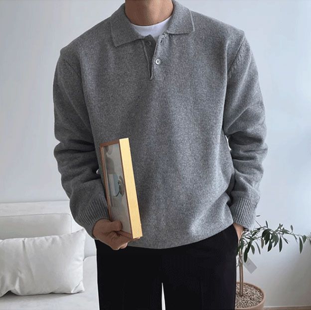 Men's Inspired Polo Knit Sweater – Breathable Button-Down Collar Pullover (Black/Beige/Grey/Brown)_viptrois.com