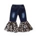 Children's Clothing Ins Summer Fashionable Girls Jeans Children's Blue Denim Splicing Leopard Print Flared Pants_viptrois.com