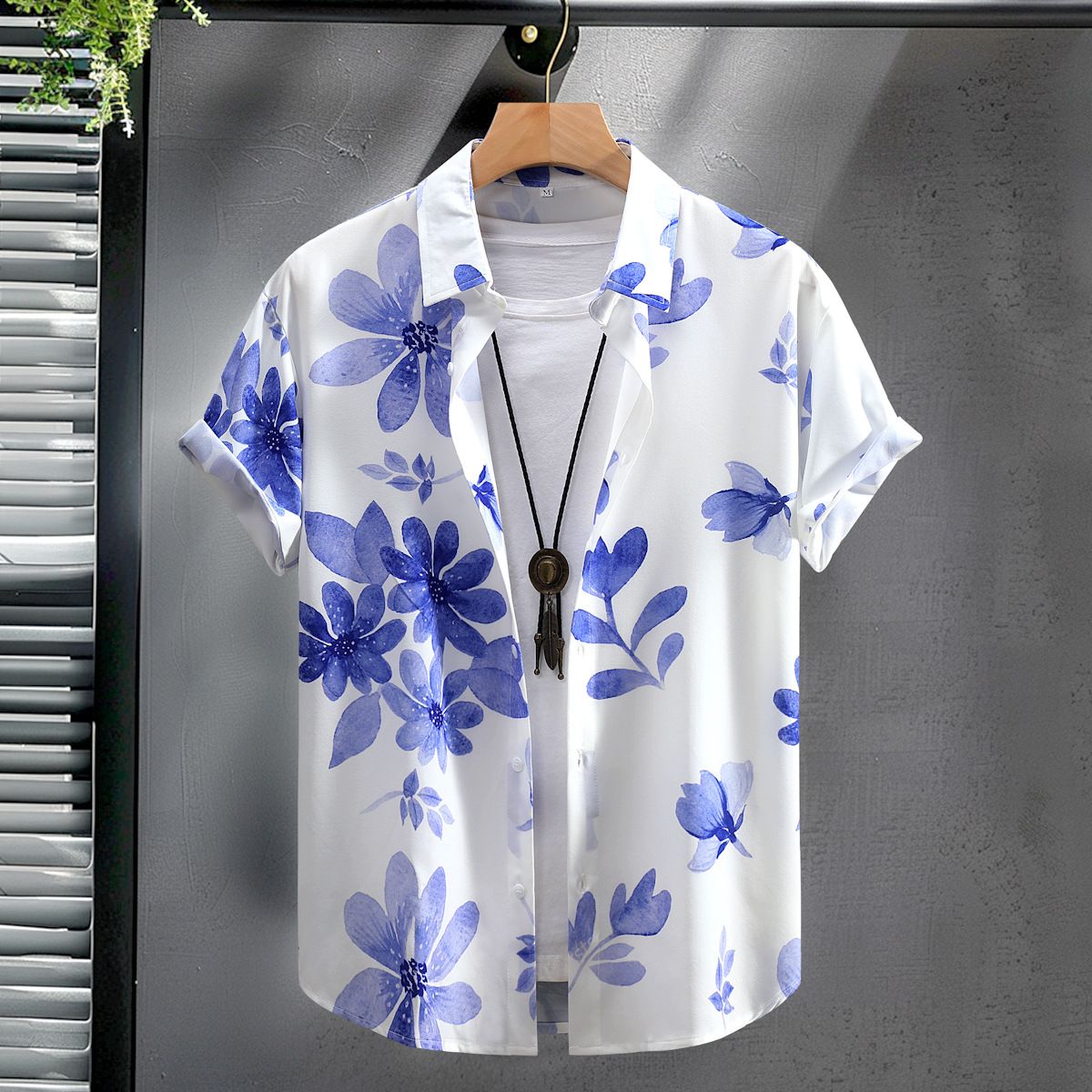 Men's Clothing Short-sleeved Shirt Four-sided Stretch Men's Summer Men's Casual Shirt Blue And White Digital Printing 2024 New_viptrois.com
