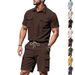 Men's Clothing Summer New Men's Casual Loose Corduroy Workwear Short Sleeved Shorts Shirt 2 Piece Suit Men_viptrois.com
