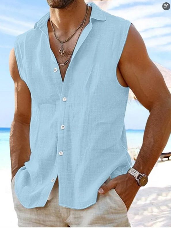 Men's Clothing Color Sleeveless Cotton And Linen Shirt Independent Station Lapel Beach Shirt Cross Border Solid Color Men's Clothing_viptrois.com