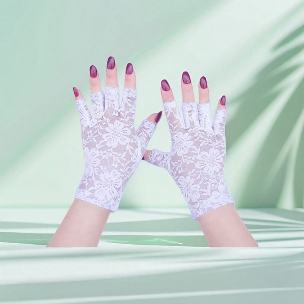Thin Short Half-Finger Gloves For Women Lace Mesh Flower Half-Fingerless Driving Sun Protection Elastic Sexy Hollow_viptrois.com