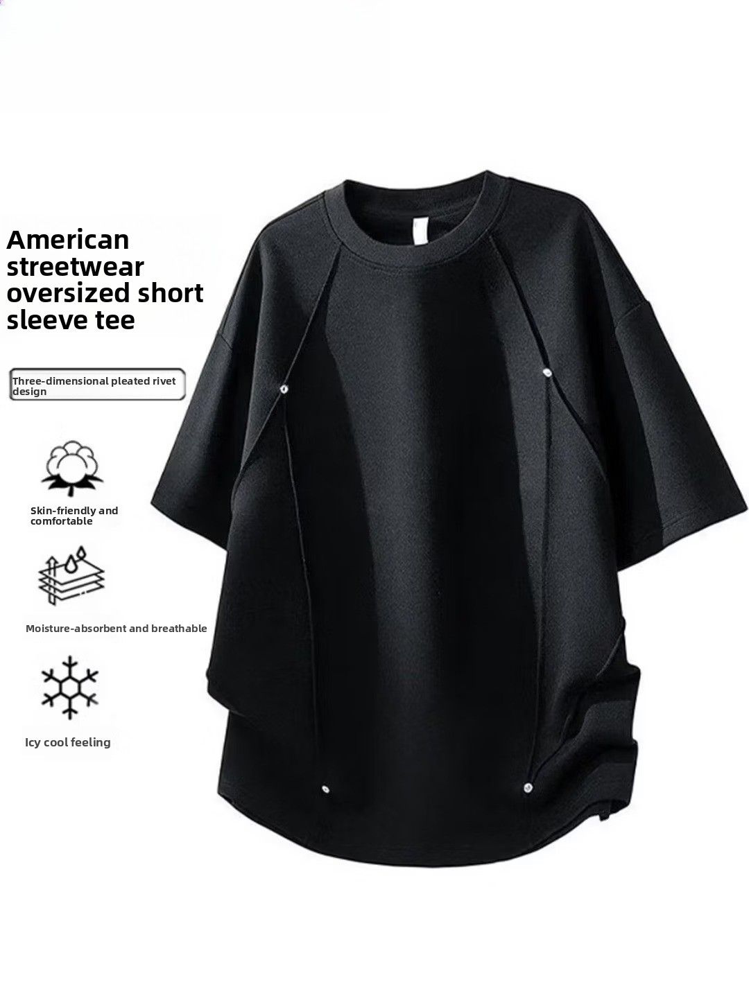 Short-sleeved Men's T-shirt 2026 Summer New Men's Short-sleeved Fashion Rivets Loose And Casual Five-point Round Neck Half-sleeve_viptrois.com