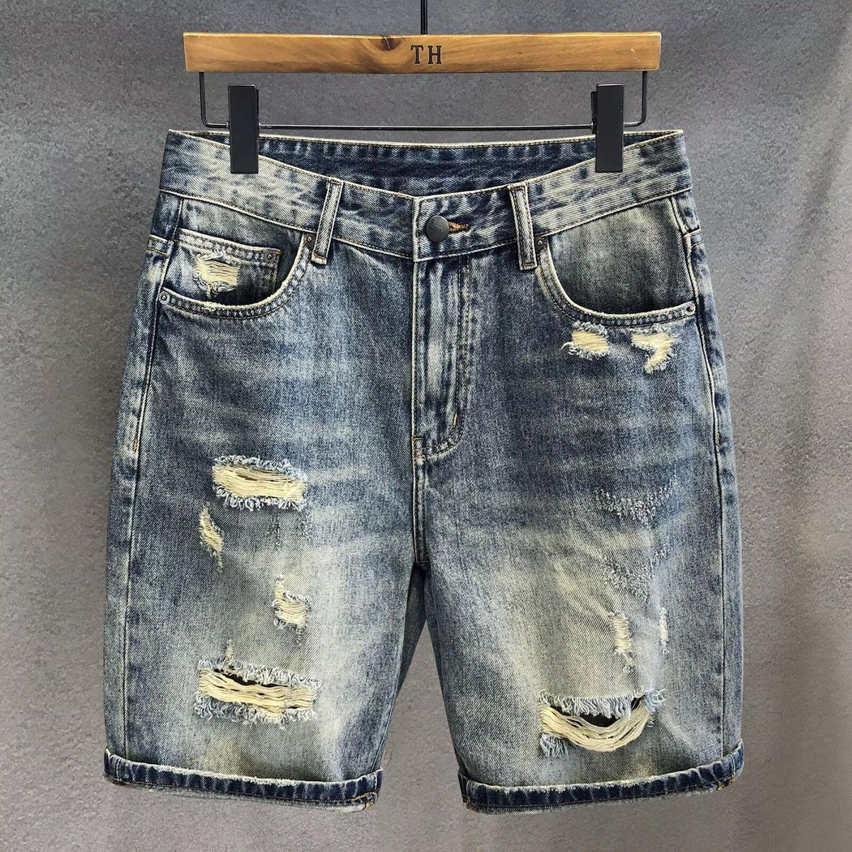 Hong Kong Version High-end Cotton Texture Vintage Washed Ripped Denim For Men, Summer Thin Straight-leg Knee-length_viptrois.com