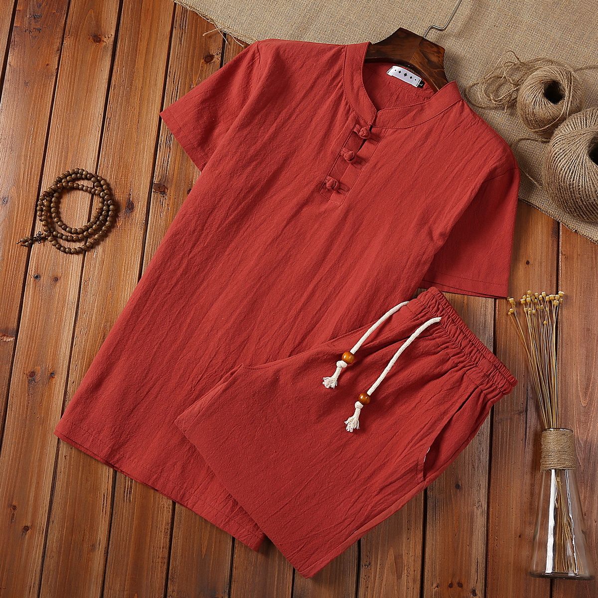 Men's Clothing Stand Collar Short Sleeve Shorts Cotton And Linen Suit Youth Fashion Casual Two Piece Suit_viptrois.com