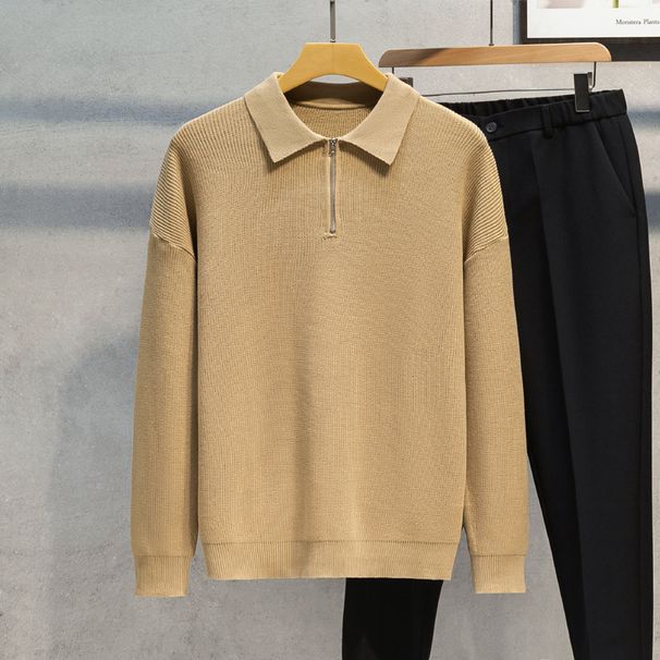 2023 Autumn Winter Half-Zip Polo Sweater Men Korean Style Trendy Handsome Turn-Down Stand Collar Knitted Jacket Solid_viptrois.com