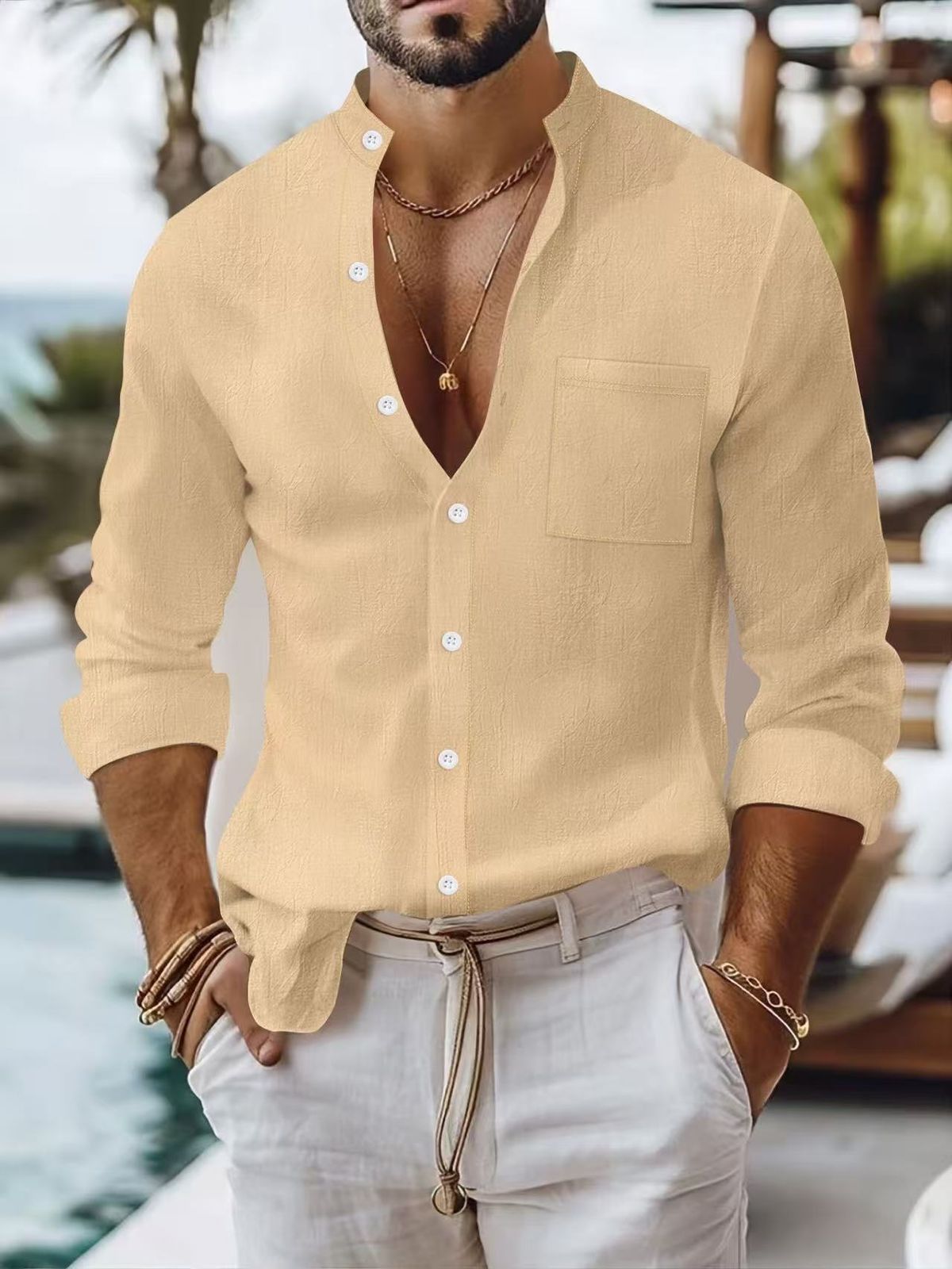 Men's Linen Blend Button-Up Shirt - Breathable Long Sleeve Casual T-Shirt For Relaxed Style (Solid Colors, S-XXXL)_viptrois.com