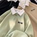 Men's Long-Sleeve Polo Shirt – Retro-Inspired Stand Collar Pullover With Colorblock Design (Black/Green/Khaki)_viptrois.com
