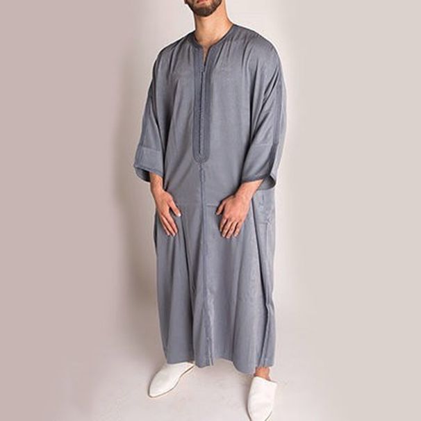 Men's Clothing New Style Grey Ethnic Style Men's Long Shirt Ready Stock Muslim Robe Pullover 1138203_viptrois.com