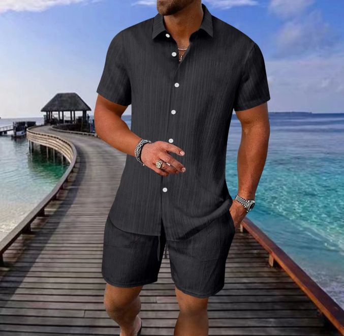 Men's Clothing Seaside Casual Fashion Shirt Lapel Short Sleeved Shirt Short Sleeved Suit_viptrois.com