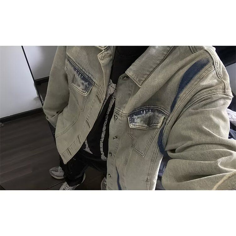 Yellow Mud Dyed American Washed Denim Jacket For Men In Spring And Autumn Fashion_viptrois.com