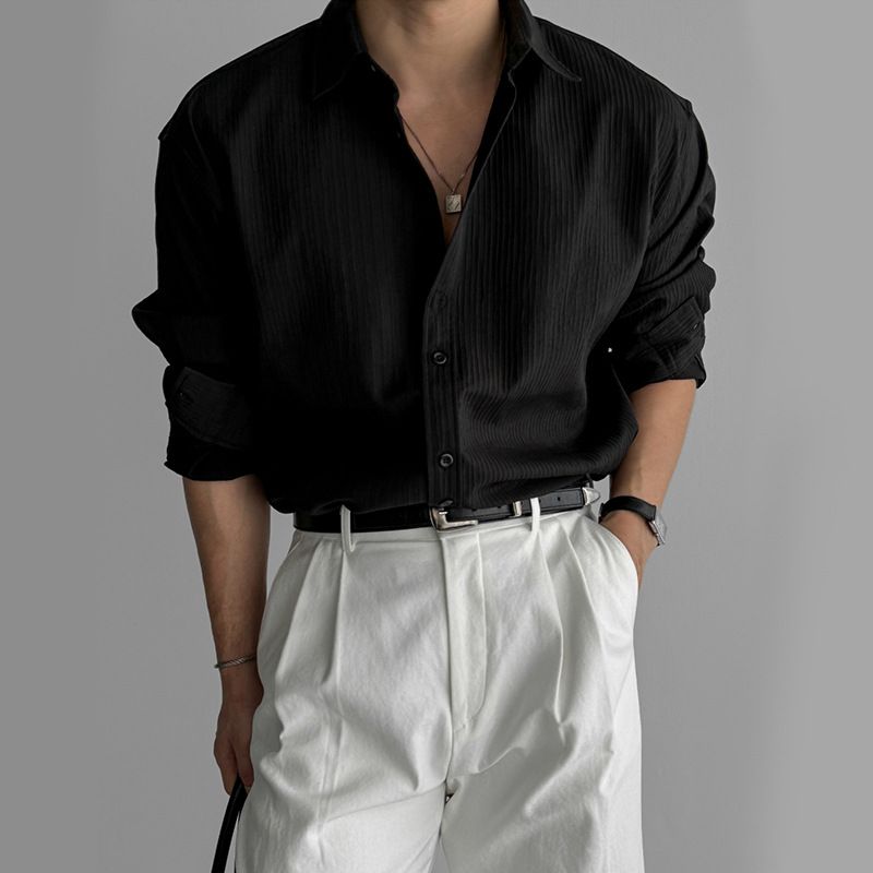 Men’s Clothing Black Shirt Men's Long Sleeved Spring Loose Shirt Niche Design Casual_viptrois.com
