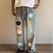 Men's Clothing Retro Tie Dye Towel Embroidery Flared Jeans Niche Design Loose Straight Vibe Trousers_viptrois.com