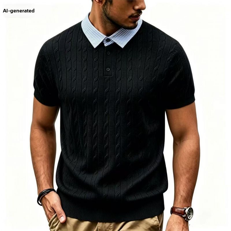 Summer Style Faux Two-Piece Short Sleeve Polo Shirt Shirt Collar T-Shirt Cable Knit Casual Knitwear For Men_viptrois.com