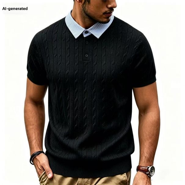 Summer Style Faux Two-Piece Short Sleeve Polo Shirt Shirt Collar T-Shirt Cable Knit Casual Knitwear For Men_viptrois.com