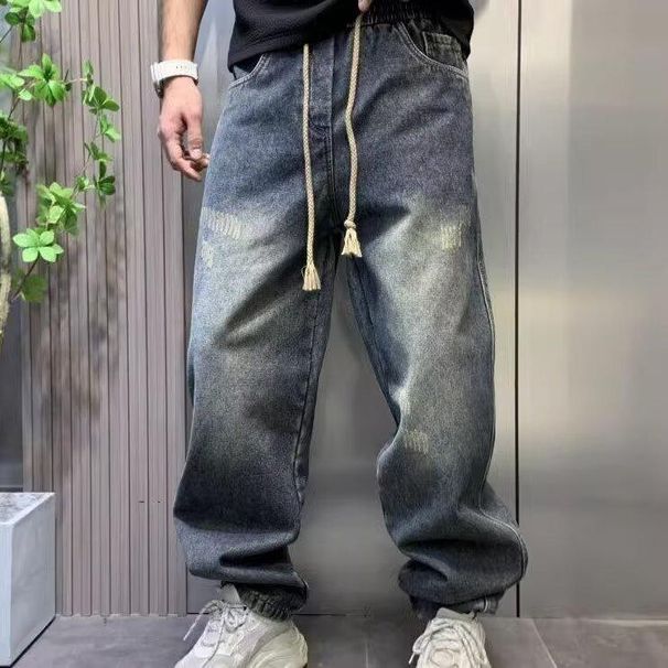 American Style Casual Gradient Washed Jeans For Men Spring Wide Leg Draped Large Size Ripped Straight Long Pants_viptrois.com