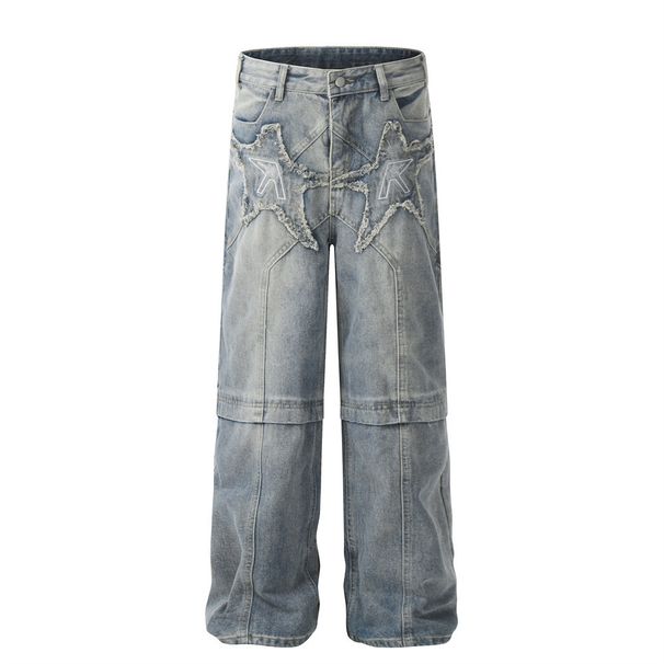 Creative Patch Embroidery Jeans Autumn Men's American Street Style Trendy Personality Split Loose Straight Long Pants_viptrois.com