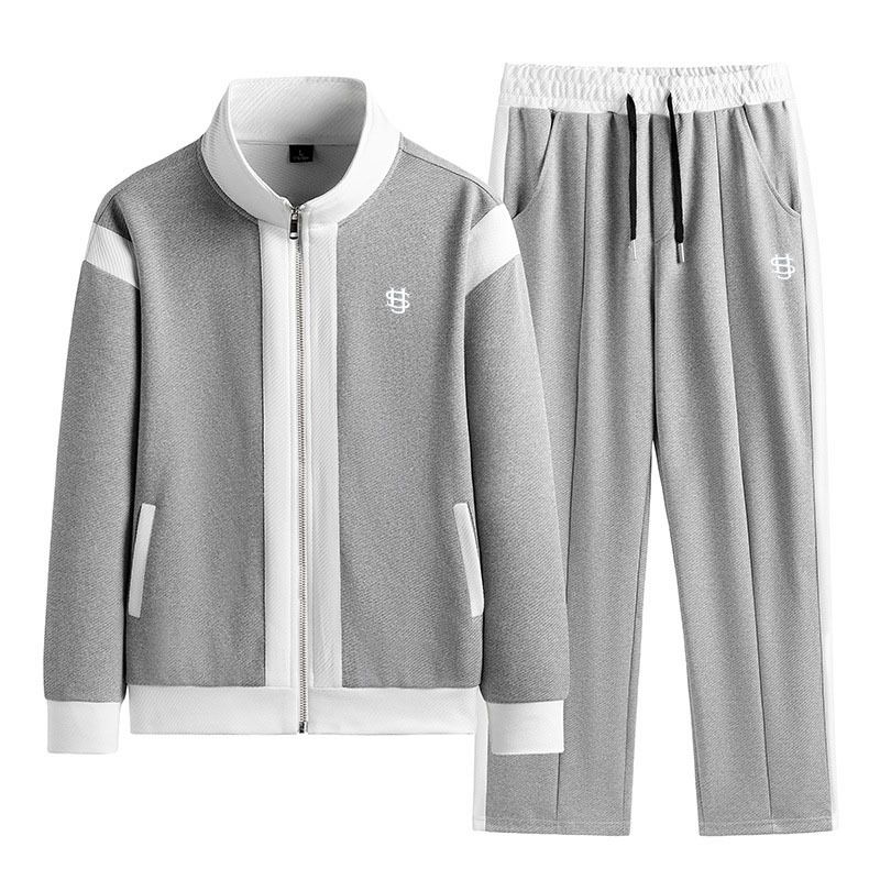 Men's Clothing Men's Spring And Autumn New Patchwork Contrast Color Jacket Trendy Casual Sports Suit Two Piece Set US Letter Style_viptrois.com