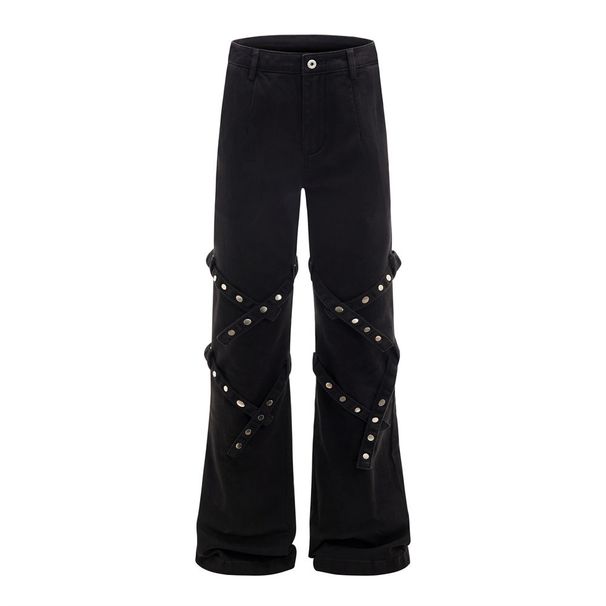 Designed Lace-Up Denim Flared For Men, American High Street Style With Metal Rivet Decoration, Niche Casual Long Pants_viptrois.com
