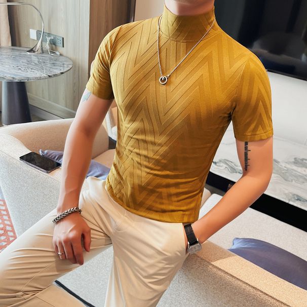 Good Things Recommend Douyin Hot Summer New Men's Short-sleeved T-shirt Semi-turtleneck Bottoming Shirt Personalized Texture Pattern T_viptrois.com