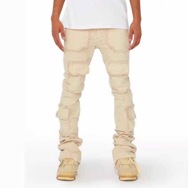 Cargo Straight European And American Fashion Ins Hot Elastic Patchwork Denim Layered Flared Men's Pants_viptrois.com