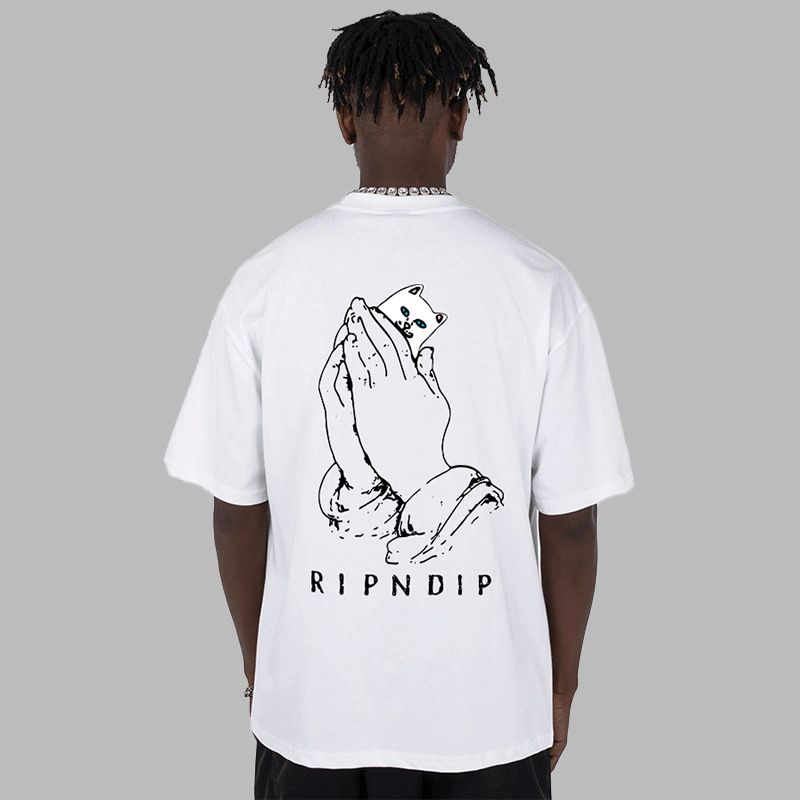 Men's Clothing Short Sleeve Tide Brand New Summer National Tide Praying Cat Men And Women Cheap Cat T Shirt Couple Outfit Loose_viptrois.com