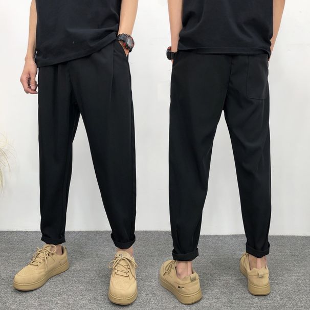 Men's Summer Thin Casual Trousers Loose Fit Tapered Leg Slim Fit Drape Ice Silk New Style Cropped Bottoms_viptrois.com