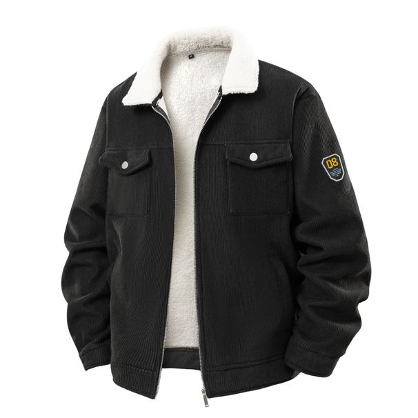 Men's Corduroy Jacket With Fleece Lining - Winter Workwear Coat, Thickened Polyester Utility Outerwear For Casual & Street Style (Black/Brown/Khaki)_viptrois.com