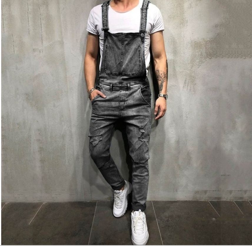 Man's clothing Stylish men's halter denim rompers rip jeans and pants pop pop overalls_viptrois.com