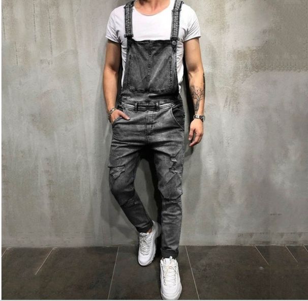 Man's clothing Stylish men's halter denim rompers rip jeans and pants pop pop overalls_viptrois.com