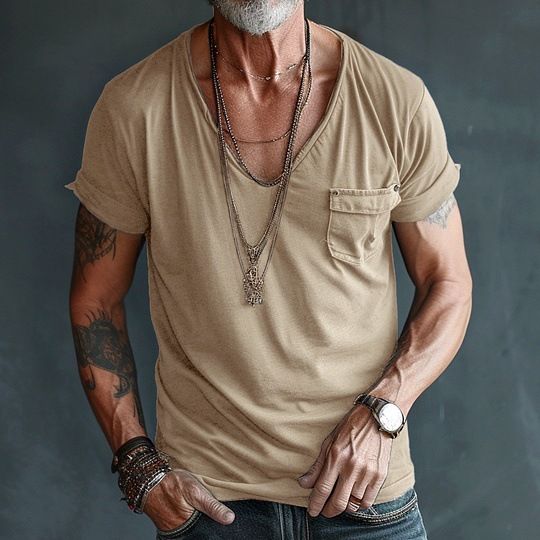 Men's Moisture-Wicking V-Neck T-Shirt - Slim Fit Breathable Polyester Casual Tee With Pocket Detail_viptrois.com
