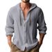 Men's Clothing Solid Color Casual Long Sleeved Shirt Hooded Drawstring Cotton And Linen Cardigan Trendy All Match Loose Beach T Shirt_viptrois.com